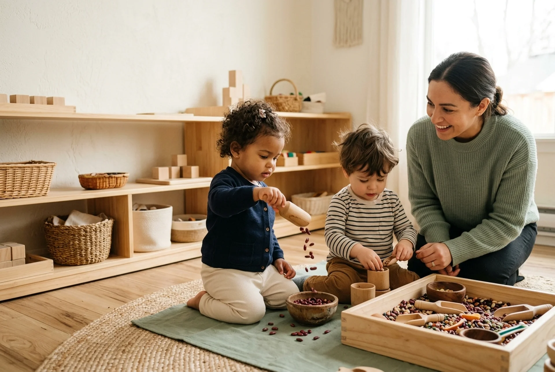 AI-generated illustrative image — Toddlers exploring dried beans at a low wooden sensory table with an educator
