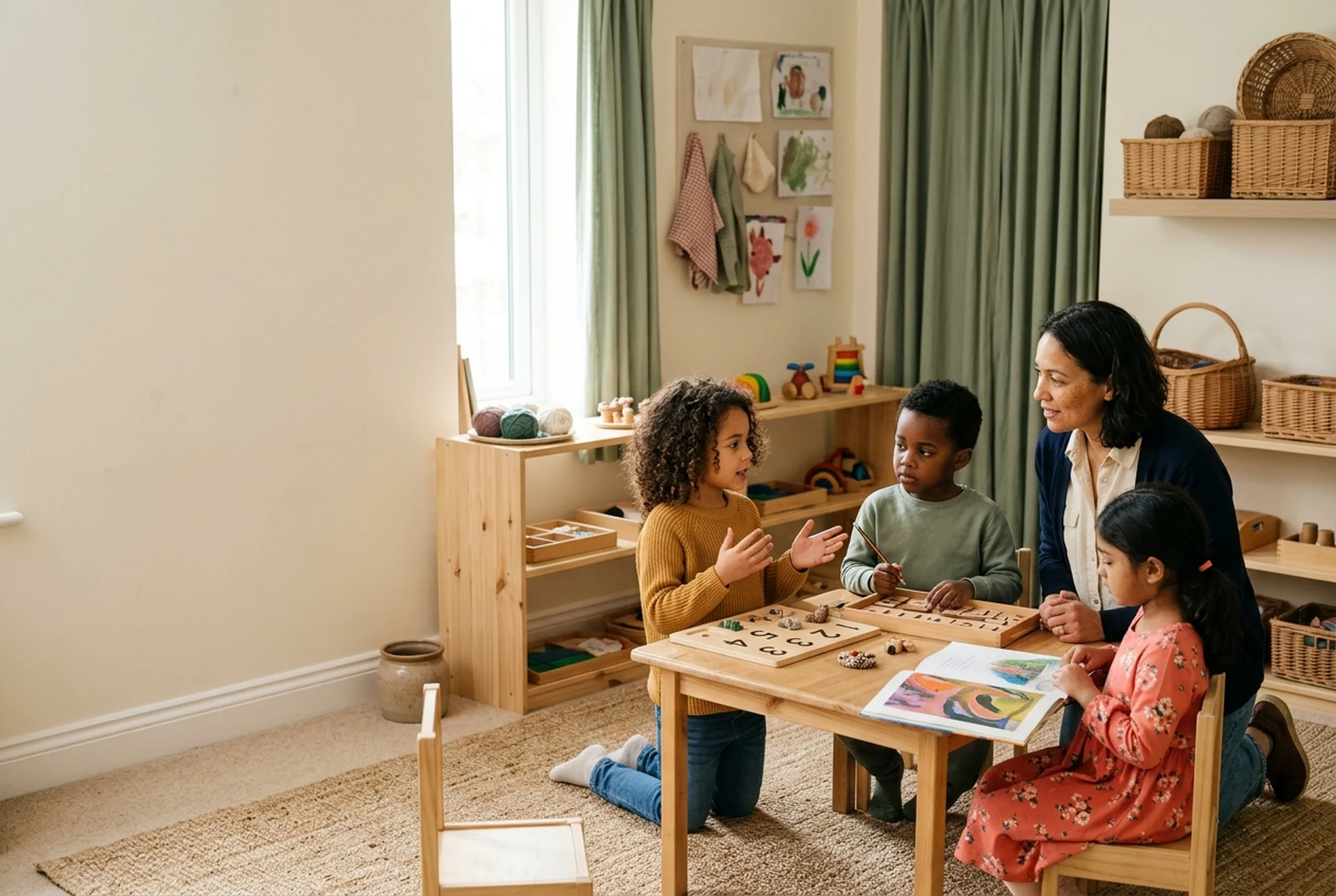 AI-generated illustrative image — Representative kindergarten scene of a small group reading, writing, and working with numbers